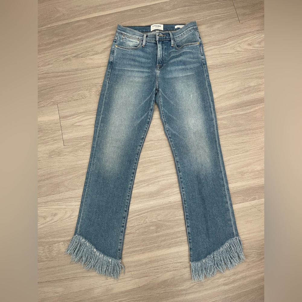 Frame le high straight Denim Jeans with Fringe Detail